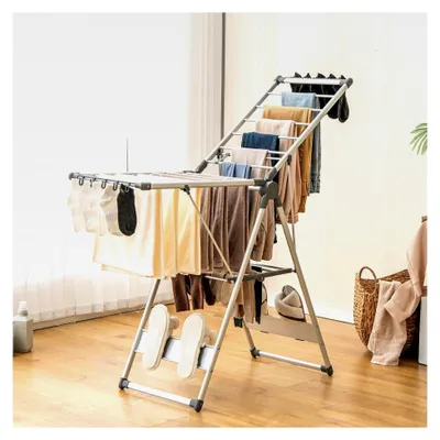 Produktbild von Klappbarer Wäscheständer, Standtrockner mit Flügeln, höhenverstellbar, mit 21 Wäschestangen, 10 Sockenhaltern und 4 Schuhhaltern, Flügelwäschetrockner für Innen- und Außenbereich