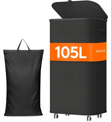 Faltbarer Wäschekorb mit Deckel und Rollen, 105 L, Schwarz