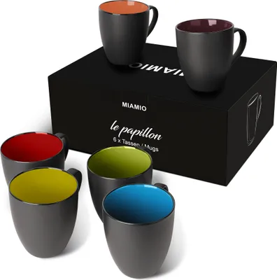 Produktbild von MIAMIO - 6 x 350 ml Kaffeetassen Set Außen Schwarz Innen Farbig (Bunt)