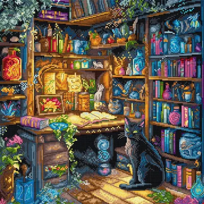 Image de Kit de broderie "Biblioteca incantata" pour point de croix, dimensions : 29x29 cm