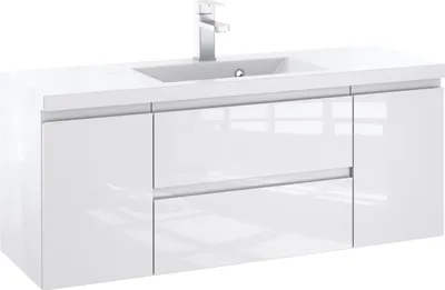 Produktbild von Furni Badunterschrank 120 cm Weiß Hochglanz lackiert – Vormontierter Waschbeckenunterschrank mit Griffmulde, Hängend, 2 Schubladen