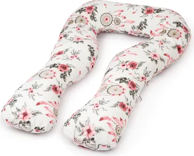A U-shaped pregnancy pillow with a floral and dreamcatcher pattern, laid out on a white background.