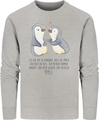 Produktbild von Mr. & Mrs. Panda Bio Baumwoll Pullover Pinguine trösten Größe L - Heather Grey - Geschenk, Jahrestag, Rundhals Sweatshirt, Hochzeitstag, für Freundin, Partner, Pulli