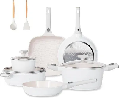 Obrázek produktu pro Sada keramického nádobí s odnímatelnými rukojeťmi – 22 dílů – sada indukčních hrnců, béžová, bez PFAS a PFOA, zdravé vaření