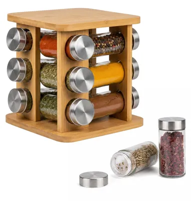 Produktbild von Relaxdays Gewürzkarussell, 12 Gewürzgläser, 360° drehbarer Gewürzständer, HBT: 21x17x17 cm, Bambus, Gewürzregal, natur