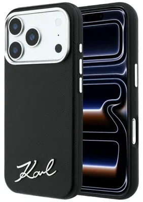 Obrázok produktu pre Puzdro na telefón iPhone 18 Pro Max / 17 Pro Max, značka Karl Lagerfeld, model Saffiano Small Script s kovovým logom a technológiou MagSafe, čierna farba