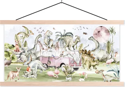 Produktbild von MuchoWow® Textilposter Dinosaurier - Kinder - Bus - Bäume - Tiere - Kinder 120x60 cm mit holzfarbenen Rahmen - Klemmleiste