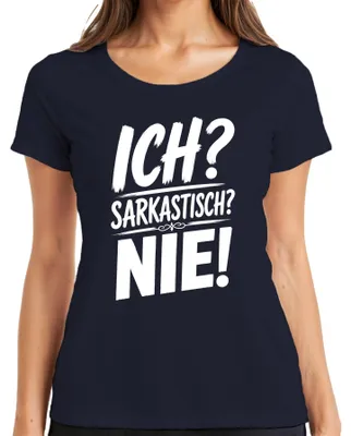 Productafbeelding van Ik? Sarcastisch? Nooit! Ironie, humor, sarcasme, statement. Dames T-shirt, marineblauw, XXL