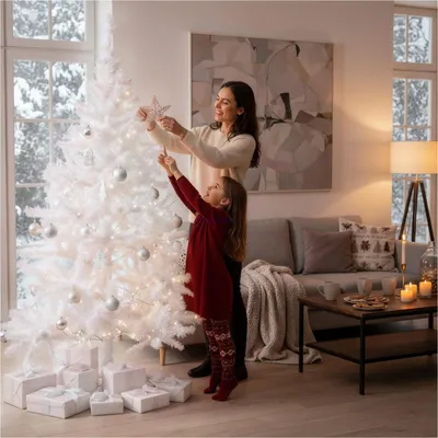 A mother and daughter decorating a white Christmas tree in a living room.