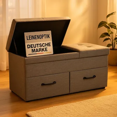 Produktbild von ONBEST, Sitzbank mit Stauraum, Leinenoptik, Grau, 77x40x38 cm (BxHxT), gepolstert, 2 Schubladen, 110 kg, klappbarer Deckel