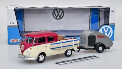 Produktbild von VW T1 Doppelkabine mit Anhänger - Dunkelrot/Beige Motormax 1:24