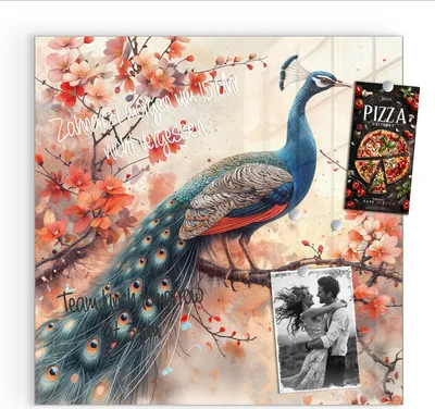 Produktbild von Magnettafel 30x30cm Pinnwand Whiteboard beschreibbar - Pfau und Blüten