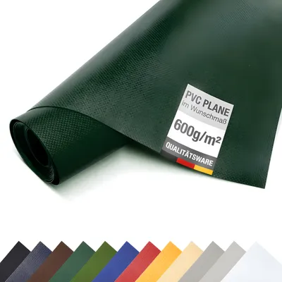 A rolled-up piece of dark green PVC material, likely a tarp or cover, is shown diagonally against a white background. A label is attached to the material.