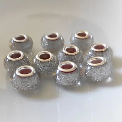 Produktbild von Großloch Spacer Charm Perlen Rondelle Glitzer, 14 mm, 10 Stück, Silber