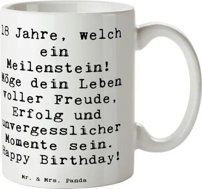 Produktbild von Mr. & Mrs. Panda Teetasse Spruch 18. Geburtstag Meilenstein - Weiß - Geschenk, Erwachsenwerden, Happy Birthday, Kaffeebecher, Pott, Alter, Freiheitsgefühl, Kaffeetasse