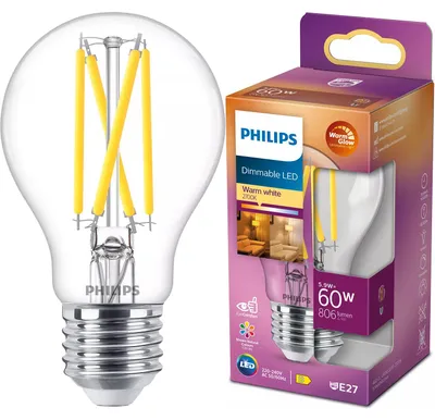 Zdjęcie produktu dla Philips Żarówka żarnikowa przezroczysta 60 W A60 E27, 5,9 W, 60 W, E27, 806 lm, 15000 h, Ciepły blask
