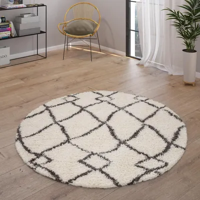Produktbild von Hochflor Teppich Wohnzimmer Shaggy Skandinavisch Fransen Flauschig Modern Grösse 200 cm Rund