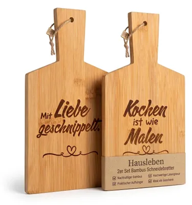 Produktbild von hausleben 2er Set Bambus Schneidebrett mit Gravur – 26,5 x 14,1 x 1 cm