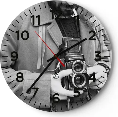 Produktbild von Wanduhr - Rund - Glasuhr - Die Kamera Retro Vintage - 40x40cm - Schleichendes Uhrwerk - Lautlos - zum Aufhängen bereit - Dekoration Modern - Wanddekoration aus Glas - C4AR40x40-5009