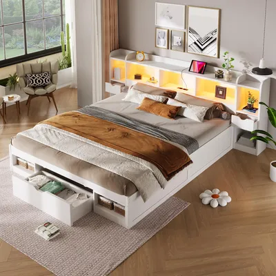 Produktbild von MODFU Polsterbett Doppelbett 140×200 mit Matratze,Funktionsbett mit Bettkasten,Holzbett Jugendbett mit LED, Stauraum am Kopf- und Fußende,Weiß
