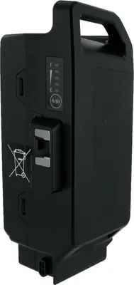 A black e-bike battery pack shown from a three-quarter side view.