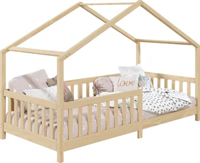Produktbild von Hausbett LISAN aus massiver Kiefer in natur, schönes Montessori Bett in 90 x 200 cm, stabiles Kinderbett mit Rausfallschutz und Dach
