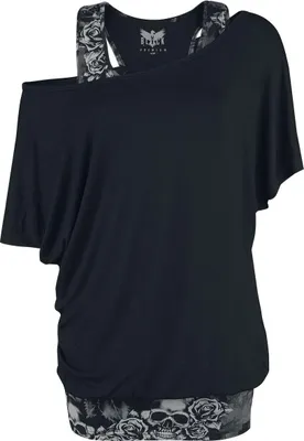Produktbild von Black Premium by EMP Damen grau-schwarzes T-Shirt im Double-Layer-Look mit Totenkopf-Print 4XL