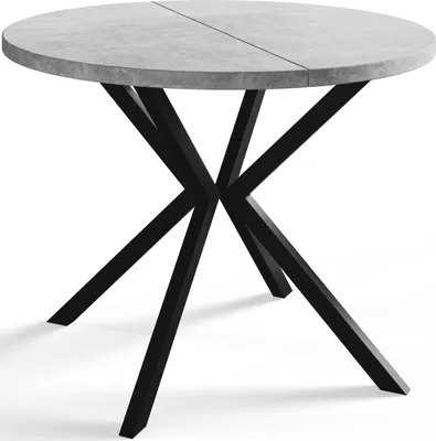 A round dining table with a gray concrete-look top and black metal legs, presented on a white background.