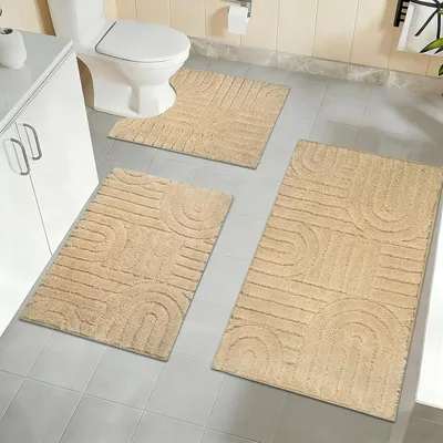 Produktbild von Badematten Set 3-teilig, 45x65 cm, Mikrofaser, wasserabsorbierend, rutschfest, beige, für Badezimmer