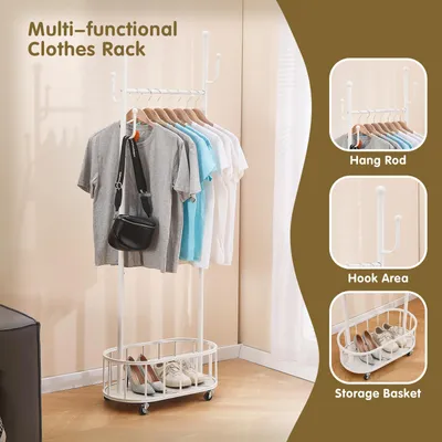 Zdjęcie produktu dla Mobilny wieszak na ubrania 61x33,3x172 cm, 4 haki, biały, do sypialni