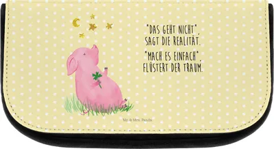 Produktbild von Mr. & Mrs. Panda Kosmetiktasche Schwein Glück - Gelb Pastell - Geschenk, Träume, Glücksbringer, Schminktasche, Kulturtasche, Ziele, Sterne, Make-up Organizer, Motivation