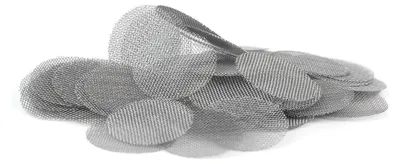A pile of round, metallic mesh screens on a white background.