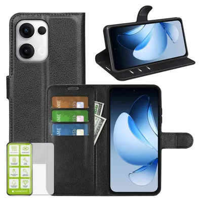 Produktbild von Für Oppo Reno 13 5G Kunstleder Book Wallet Case Tasche Schwarz + H9 Hart Glas