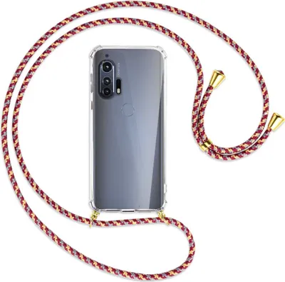Produktbild von Handykette Backcover-Schutzhülle mit Band (Metall goldfarben) für Motorola Edge Plus - weinrot/gelb/grau