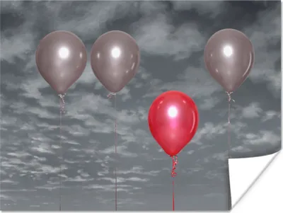 Produktbild von MuchoWow® Poster Ein Schwarz-Weiß-Foto mit drei grauen Luftballons und einem roten Luftballon 160x120 cm - Foto Plakat