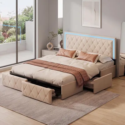 Obrázek produktu pro Postel INONEFT, čalouněná, s úložným prostorem, 140x200 cm, s LED osvětlením, dvoulůžko s úložným prostorem, 4 zásuvky, postel pro mládež, rám postele s roštem, materiál: PU, barva: béžová