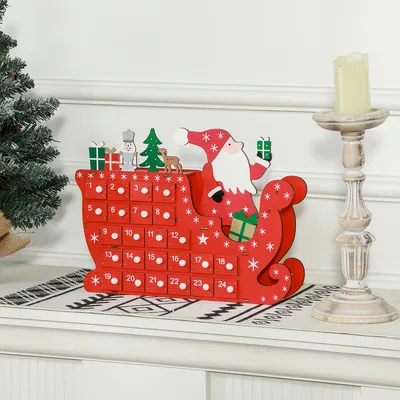 Produktbild von Weihnachtskalender mit 24 Schubladen Weihnachtsmann mit Schlitten Adventskalender 22,5 x 8 x 36 cm Rot
