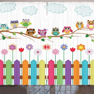 Produktbild von ARANDE Eulen Gardine, Wolken Vogel Sonnigen Tag Landschaft Elemente Illustration Cartoon Muster, 280 x 175 cm, Mehrfarbig