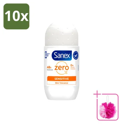 Imagen del producto de 10 roll-on desodorantes Sanex Zero% Sensitive, sin alcohol ni parabenos, 50 ml, pack económico, 10 unidades