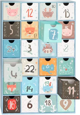 A close-up view of a light blue advent calendar with 24 drawers, each decorated with a different animal and number.