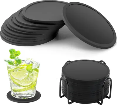 Produktbild von OKWISH 12 Stück Untersetzer Gläser Silikon mit Halter, Glasuntersetzer Glas Untersetzer-Set, Untersetzer Rund in für Getränke Bar Tassen, Tee Schwarz