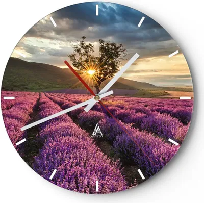 Produktbild von Wanduhr - Rund - Glasuhr - Lavendel Berge Feld - 30x30cm - Schleichendes Uhrwerk - Lautlos - zum Aufhängen bereit - Dekoration Modern - Wanddekoration aus Glas - C3AR30x30-3645