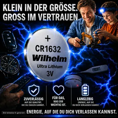 Produktbild von 10 x CR1632 WILHELM Blister Lithium Knopfzelle 3V 140 mAh ø16 x 3,2 mm Batterie DL1632, KI-generiertes Bild