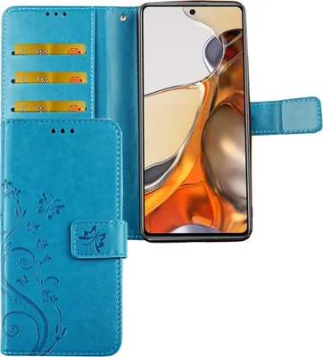 Produktbild von Xiaomi 11T Pro Tasche Handy Hülle Schutz-Cover Flip-Case mit Kartenfach, Farbe:Blumen Blau