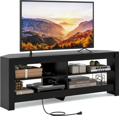 Produktbild von COSTWAY Eck-TV-Ständer mit Ladestation, 3-stöckiges Mediencenter mit 4 offenen Ablagen, multifunktionaler Konsolentisch für Fernseher Schwarz