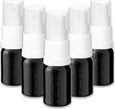 Produktbild von 5x Glasflasche schwarz 5 ml mit weißem Zerstäuber Probefläschchen