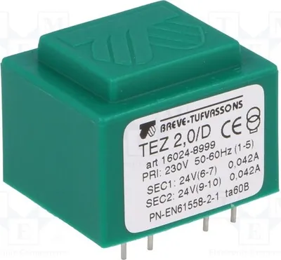 Immagine prodotto di 1 trasformatore: rivestito, 24V, 230VAC, 41,6mA, 24V, 2VA, 41,6mA, modello TEZ2/D230/24-24V - Tr