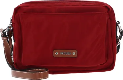 A red shoulder bag with a brown leather strap is shown against a white background.