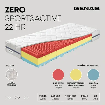 Obrázek produktu pro Matrace ze studené pěny Benab Zero Sport&Active 22 HR Matrace 180 x 200 cm H3 / H4 tvrdost 22 cm výška Matrace ze studené pěny, Algua Spirulina, PUR, HR, Antibakteriálni, Nopy