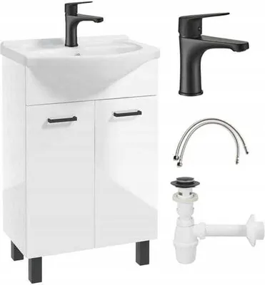 Zdjęcie produktu dla DomoDomo szafka łazienkowa z umywalką biały połysk 84x55 z baterią i syfonem Mea